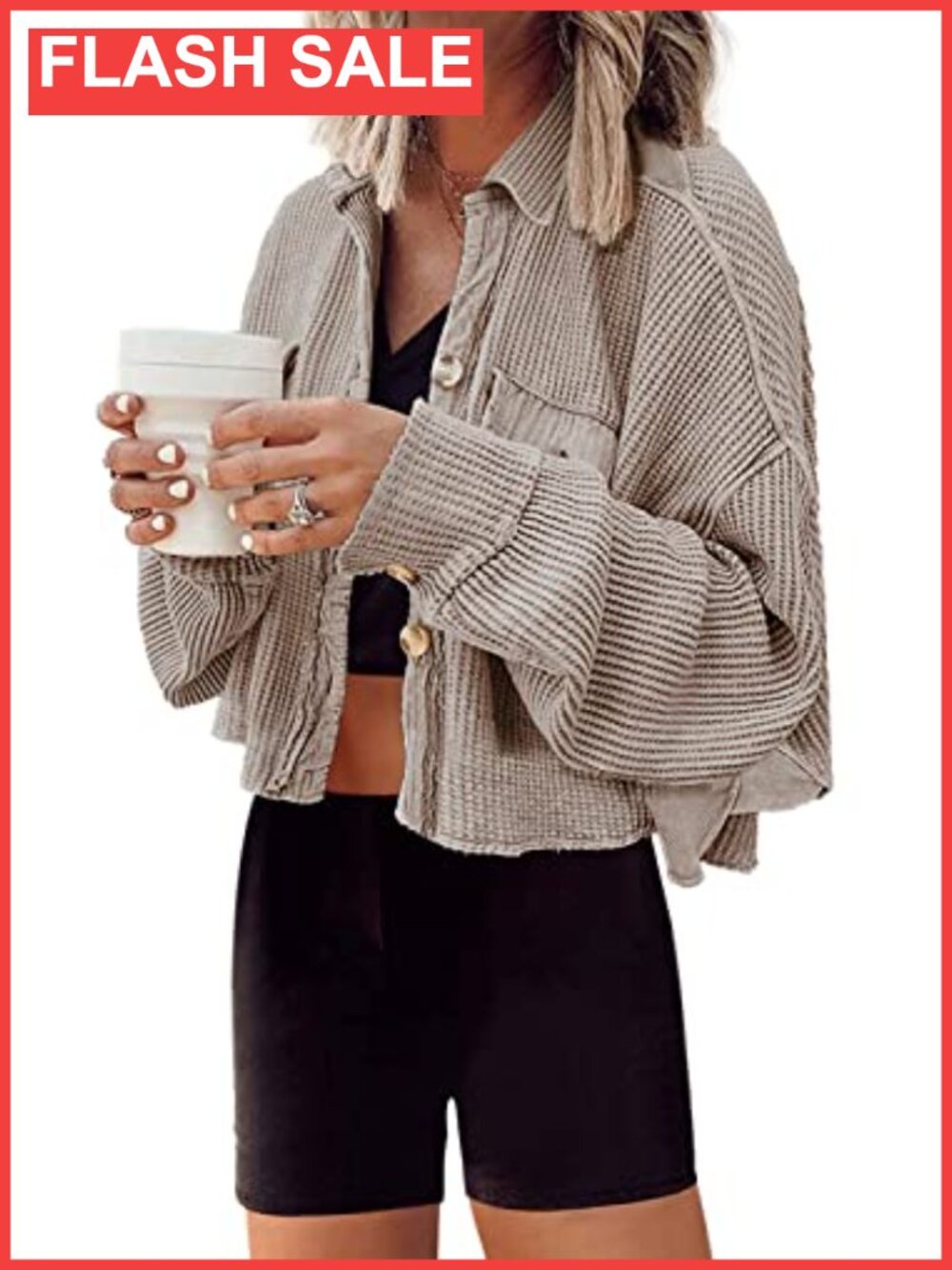 Waffle Knit Cropped Shacket Button Down Oversized Casual Jacket